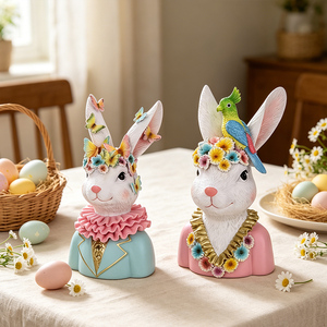 Redeco - Figura Decorativa de Conejo de Pascua Hecha a Mano, Busto de Resina con Corona de Flores <span class=keywords><strong>y</strong></span> Adorno de Pájaro para Decoración de Primavera en el Hogar - Product Image 1