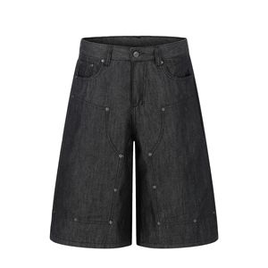 Shorts en jean mi-long pour homme, style Hip Hop, coupe ample, design boutons cloutés, couleur originale Bull, tendance neutre américaine, style urbain - Product Image 1