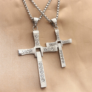 Stainless Steel Cross Pendant <b>Necklace</b> Men's Geometric Design Pave Setting Diamond Encrusted Fashion Jewelry - Product Image 1