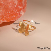 Anillo Ajustable de Acero Inoxidable 316L Chapado en Oro Fino de 14k y 18k, con Perla Natural de Agua Dulce y Diseño de Flor, para Mujer