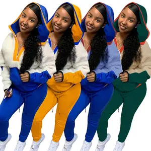 Inverno patchwork manga longa casual camisola de lã sportwear das mulheres treino sweatpants jogger zipper hoodies conjuntos para as mulheres