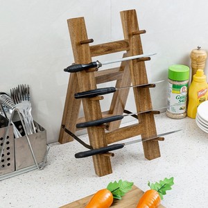 Portacuchillos de madera de 5 niveles para almacenamiento en escritorio, para cuchillos de cocina, cuchillos para frutas, estilo simple, color quemado. - Product Image 2