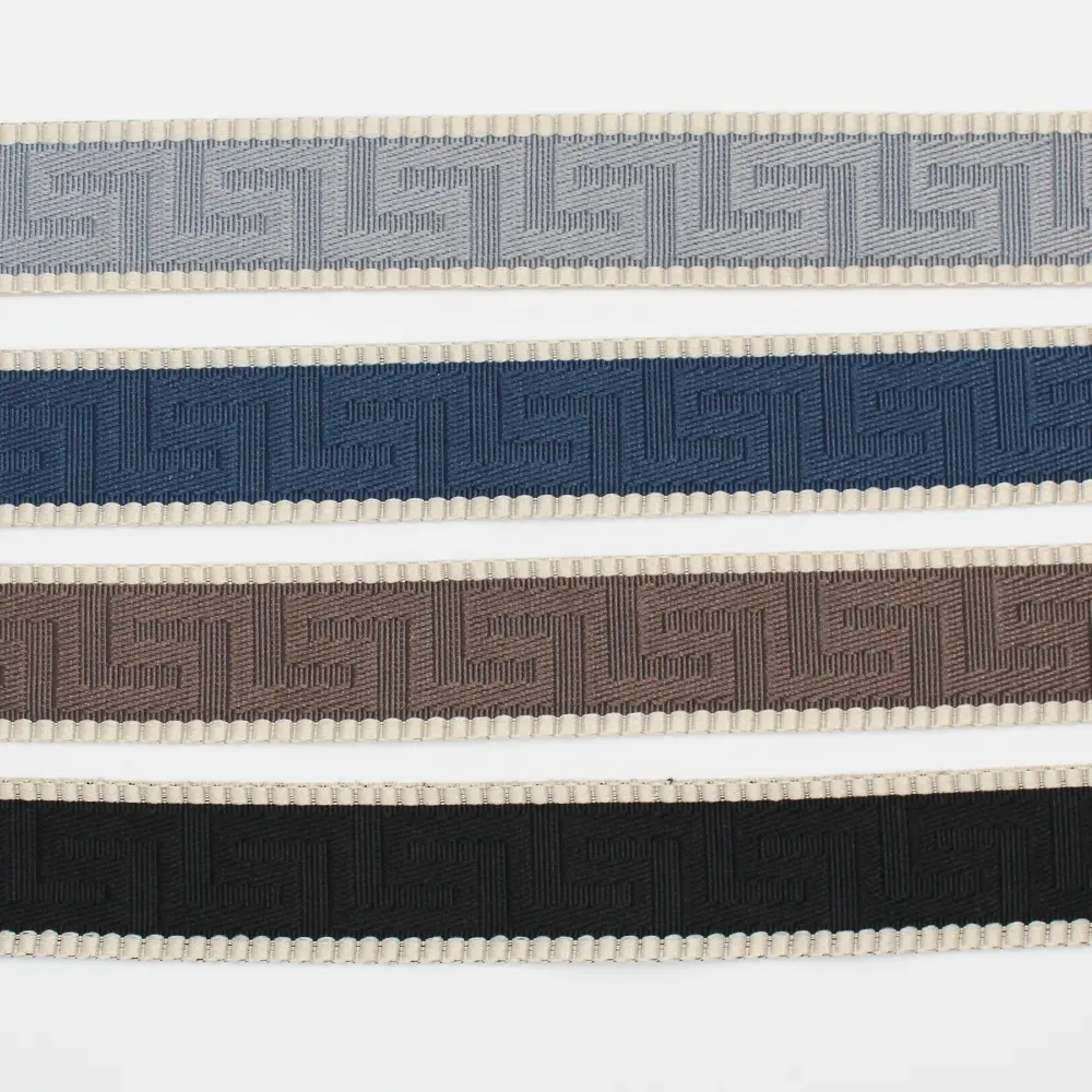 Customized polyester 38mm greek key woven tape embossed pattern thick webbing tape for bag straps