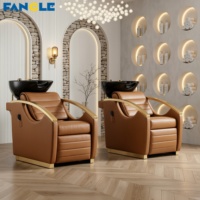 Fauteuil de Barbier en Acier Inoxydable Doré avec Massage et Rehausseur Électrique pour les Jambes, Lit de Lavage Personnalisable, Bac en Céramique Noir