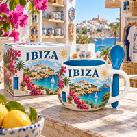 Tasse en céramique Souvenirs d'Ibiza, Espagne, avec cuillère, motif repère urbain, souvenir de voyage, tasse à café en porcelaine fine, personnalisable OEM ODM, vente en gros
