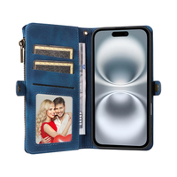 Dompet Kulit PU untuk iPhone 16 Plus, 9 Slot Kartu + Kantong Koin Ber-resleting, Penyangga, Pemblokir RFID, 360 °   Perlindungan