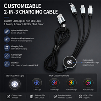 Kabel pengisi daya 3 in 2, kabel Usb kepang Led ponsel harga pabrik desain baru