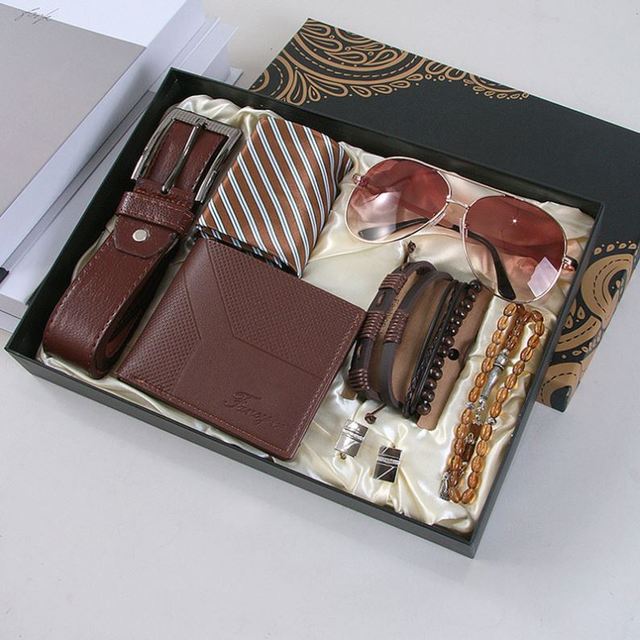 HBC Men's Gift Set PU Leather Personalized Handmade Silk Screen Printed Promotional Novelty Belt Wallet Sunglasses Keychain for