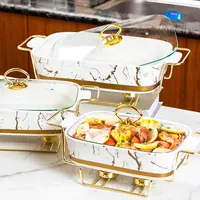 Rectangular Porcelain Casserole Warming Trays for Food, Ceramics Chafers, and Buffet Warmers Sets, Gold Plating Serving Dishes (Large 2.4 Quarts)