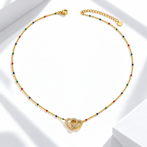 Collier double cœur en acier inoxydable plaqué or 14 carats, zircone cubique, chaîne en émail coloré - Product Image 1