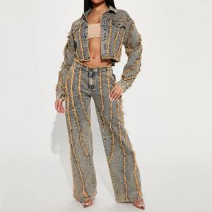 Conjunto de mezclilla de alta calidad para mujer: Chaqueta corta desgastada y jeans de tiro bajo de pierna ancha con lavado ácido y efecto vintage. - Product Image 1