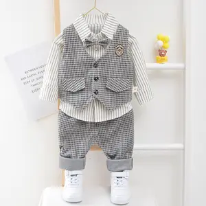 2022童装秋季韩版新款童装婴儿长袖套装儿童三件套格子套装背心