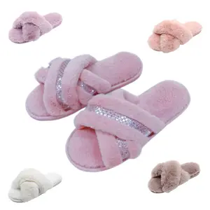 Nouveau diamant clouté maison fourrure femme glisser pantoufle fond en caoutchouc antidérapant en peluche coton décontracté mode tongs pantoufles