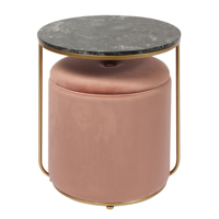 Ensemble de deux pièces Bailey, pouf rond rembourré, table basse en métal vert, pouf en tissu velours, pouf de rangement, table basse en chêne