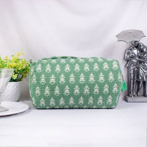 Bolsas de Maquillaje Ecológicas Verdes, Organizador Cosmético de Algodón Acolchado Personalizado, Bolsa de Viaje con Cierre y Borlas para Mujer, Estampado a Mano - Product Image 3
