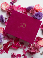 Invitation de mariage en boîte de velours rose fuchsia de luxe feuille d'or monogramme papier plexi matériel gland Invitations en boîte de qualité supérieure
