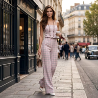 Ensemble deux pièces à carreaux roses pour femmes, haut de camisole et pantalon large, style parisien