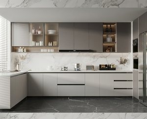 Meuble d'évier de cuisine modulaire carré Lesso Home, style moderne et minimaliste, en marbre et verre, sur mesure, avec robinet et charnières, pour appartement - Product Image 1