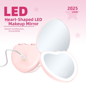 Miroir de maquillage de poche en forme de cœur à double face grossissant 1x 2x avec lumière tricolore, cadre en plastique pliable, portable - Product Image 4