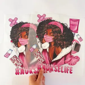 Factory Customized Pink Color Curly Hair Black Girl Design Exquisite High Waterproof Heat Press Transfer Printing For T-shirt