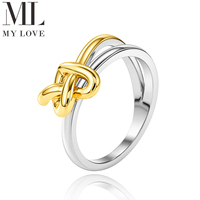 Bague Cœur Bicolore Personnalisée Mylove en Laiton, Bijou Plaqué Or 18K et Platine, Nœud Entrelacé, Vente en Gros pour Mariage