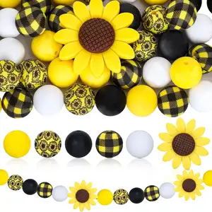 26Pcs Sunflower Silicone Beads Animal Shaped Printed Loose Beads Brown White Round Spacer Bead,TLX0154