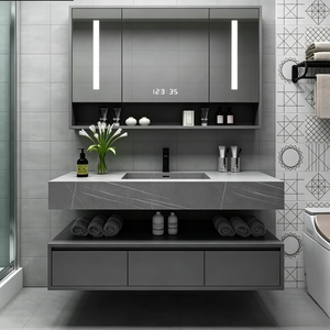 Mobile <span class=keywords><strong>Bagno</strong></span> Moderno con Top in Solid Surface, <span class=keywords><strong>Lavabo</strong></span> Sottopiano, Ferramenta Oro Spazzolato, Specchio Nero Industriale Bianco Shaker - Product Image 6