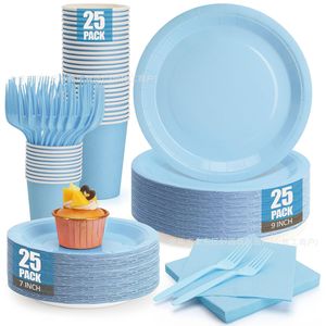 Disposable Party Supplies Kit Blue 25 Pack Plates Cups Forks Napkins For Party Family Gatherings - Product Image 1