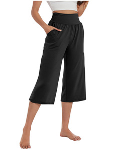 กางเกงเอวสูงแบบหลวมสำหรับผู้หญิง, กางเกงเอวสูงสีทึบกางเกงลำลองมีกระเป๋าระบายอากาศ - Product Image 5