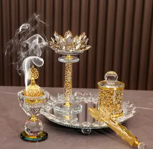 Quemador de incienso de oro de lujo, juego de quemador de incienso de cristal, decoración del hogar, juegos de bandejas de quemador de incienso de cristal árabe