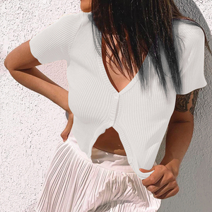 2020 nuevo Color sólido Botón de manga corta de mujer Ribbed Crop Top 2020 mujeres camiseta - Product Image 2
