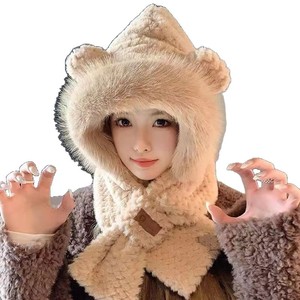 <b>Cute</b> <b>Bear</b> Hat And Scarf Set Women Winter Plush Warm Fleece Lined Neck Protector Stylish Commute Solid Color One Piece - Product Image 5