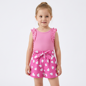 Girls Pink Ruffle Sleeveless Top With Heart Print Shorts Set Breathable Cotton Polyester Clothing made in Bangladesh manufacture - Product Image 2