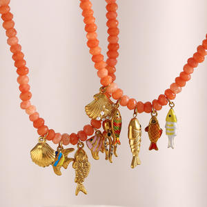 Collar de cuentas de ágata roja, colgante de pulpo de concha de pez, joyería de acero inoxidable, piedra Natural, collar de encanto de pez de verano - Product Image 2