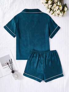 Bộ đồ ngủ bằng vải sa tanh thanh lịch cho nữ quần đùi áo ngắn tay có ve áo màu trơn hai mảnh quần áo ngủ thường ngày mặc nhà cho mùa thu ODM - Product Image 2