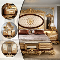 Ensemble de meubles de chambre à coucher de luxe en bois d'ivoire plaqué or royal, style turc classique sculpté, haut de gamme