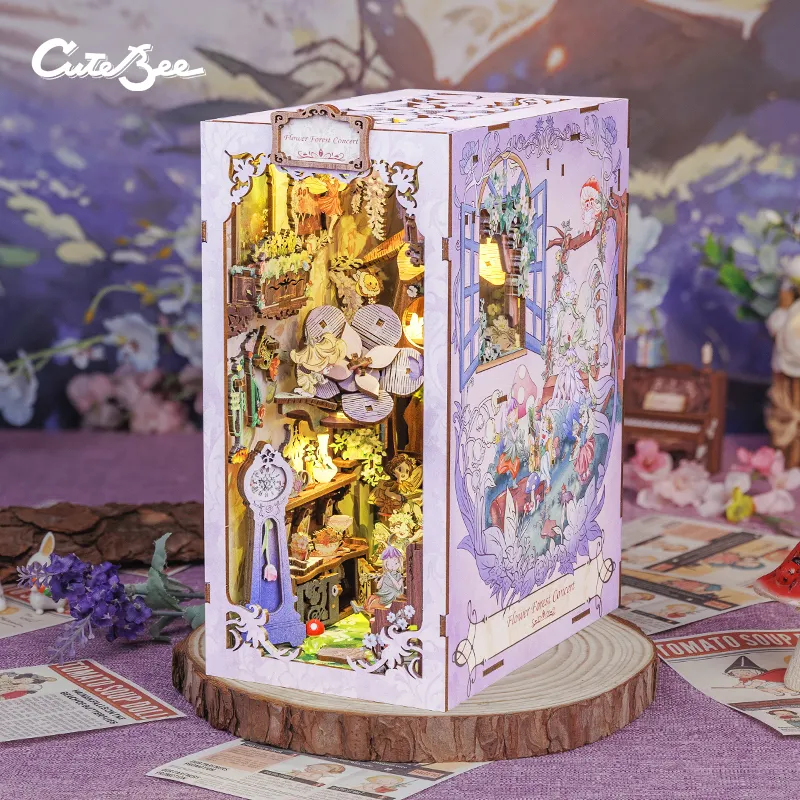 CuteBee New Product Flower Forest Concert 3D Wooden Puzzle Handmade Craft Dollhouse with Night Light Book nook Kit