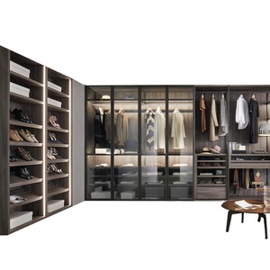 Meubles de maison modernes - Armoire de chambre à coucher en <span class=keywords><strong>bois</strong></span>, <span class=keywords><strong>dressing</strong></span> en aluminium en forme de L, porte en <span class=keywords><strong>bois</strong></span> et en verre pour un usage en appartement, rangement - Product Image 2