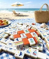 Ensemble de Mahjong Américain de Luxe Moderne Thème Nautique de Plage, Tuiles en Acrylique Écologiques à Motif Océanique, 4 Joueurs, Règle de Tirage Incluse