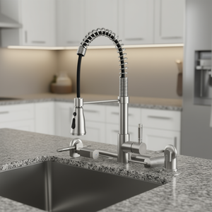 Robinet de cuisine mural 3 fonctions, design pont, douchette extractible, 2 poignées, nickel brossé, style moderne pour cuisines - Product Image 2