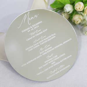 Círculo personalizado redondo plata espejo acrílico menú tarjetas blanco lámina impresión lujo DIY boda cena restaurante menús - Product Image 1