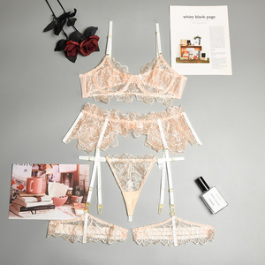 Ensemble de lingerie sexy et érotique en dentelle brodée de fleurs, vente chaude, ensemble soutien-gorge et culotte en maille transparente - Product Image 6