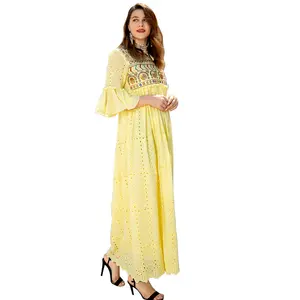 New Design Islamic Eid Abaya Women's Muslim Tight Lantern Sleeves Cotton Sequins Moroccan Dubai Robes