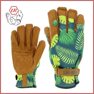 AB Grade cow grain leather ottaman printed fabric Gardening Glove Wing Thumb Goatskin Garden Safety Work Driver Gloves