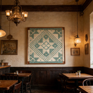 Arte Murale Minimalista in Cotone Intrecciato Verde Acqua con Motivi Geometrici per Uffici e Biblioteche Contemporanee - Product Image 4