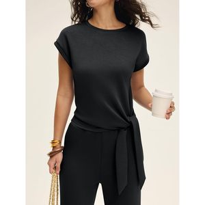 Women 2 Piece Outfits Cap Sleeve <b>Tie</b> Waist Top Wide Leg Pants <b>Set</b> Breathable Knitted Daily Wear Travel Airport Vacation <b>Sets</b> - Product Image 2