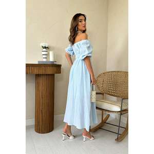 Vestido de lino azul claro con hombros descubiertos, cintura natural, corte holgado, transpirable, informal, para mujer - Product Image 1