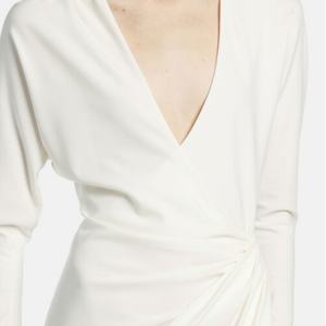 Robe longue décontractée blanche pour femme, col en V, manches longues, fendue sur le côté, en tissu printemps-été, mode féminine - Product Image 3