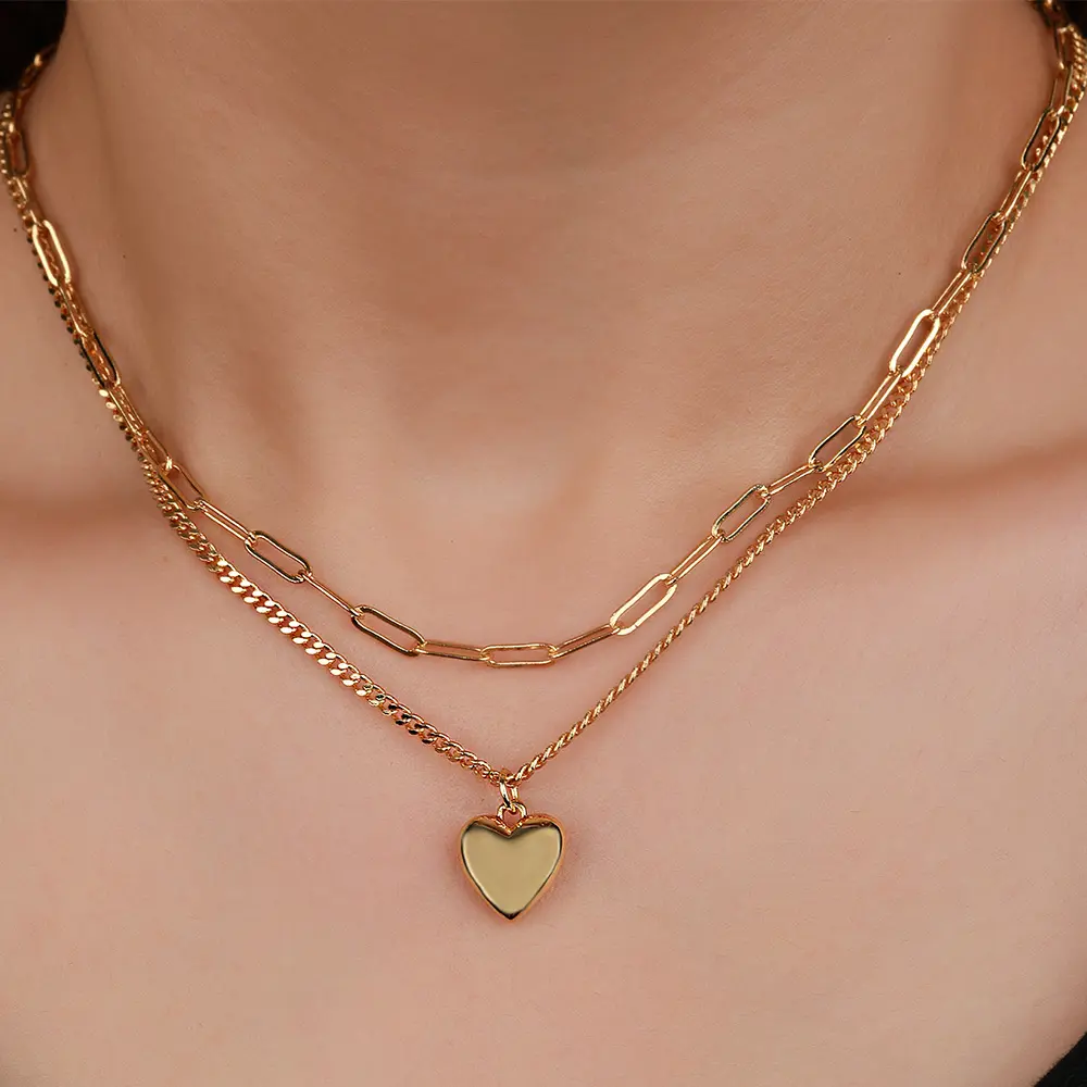 Trendy double layer chains brass heart pendant 18K gold plated fashion jewelry women necklace