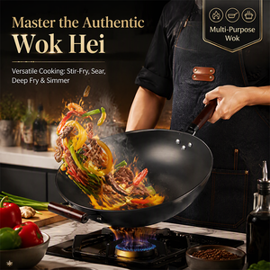 Wok de Acero al Carbono sin Recubrimiento, Sartén Tradicional China para Saltear, Resistente, con Mango de Madera y Asa Auxiliar para Todo Tipo de Estufas - Product Image 3